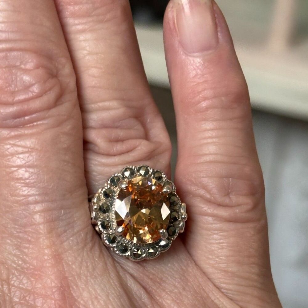 VTG Citrine CZ Marcasite Cocktail Ring Size 7.5 - Picture 2 of 5